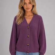 Women's Chunky Ribbed Knitted Cardigan with V-Neck and Button Front
