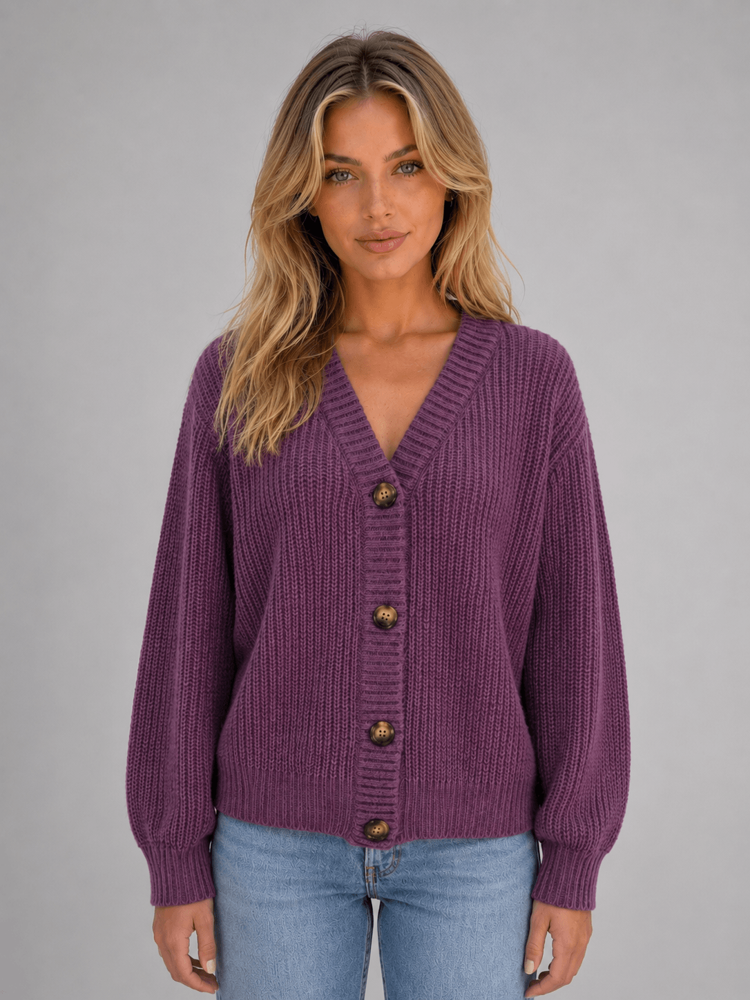 Women's Chunky Ribbed Knitted Cardigan with V-Neck and Button Front