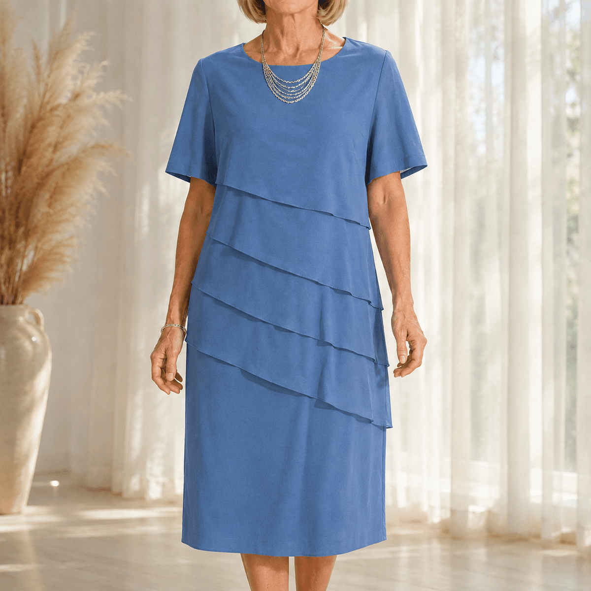Florenza Tiered Short-Sleeve Women's Midi Dress with Round Neck