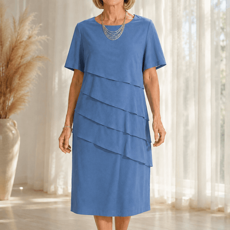 Florenza Tiered Short-Sleeve Women's Midi Dress with Round Neck