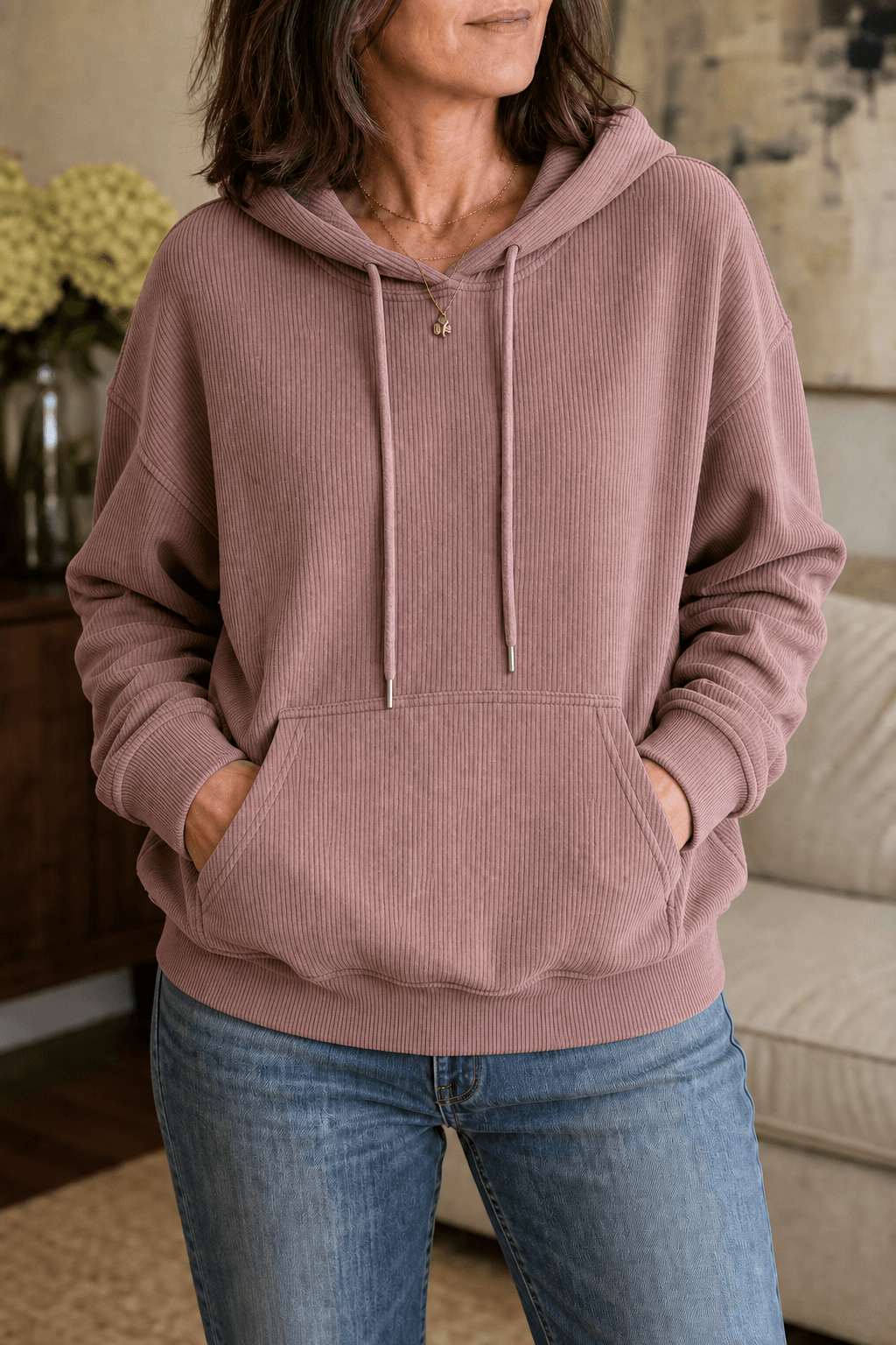 Women's Ribbed Corduroy-Look Hoodie with Front Pocket