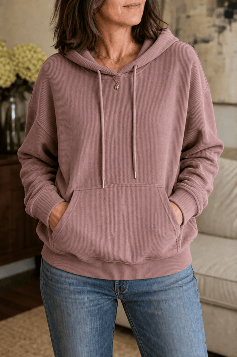 Women's Ribbed Corduroy-Look Hoodie with Front Pocket