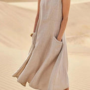 Sleeveless Linen-Look Midi Dress with Pockets