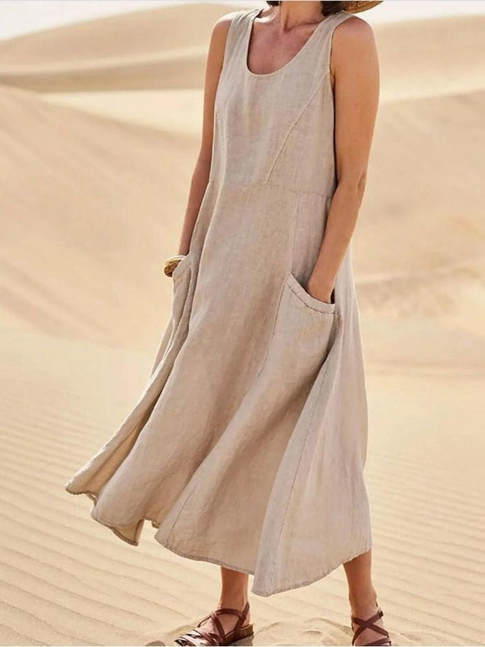 Sleeveless Linen-Look Midi Dress with Pockets