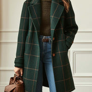 Plaid Notched Lapel Mid-Length Wool Blend Winter Coats for Women