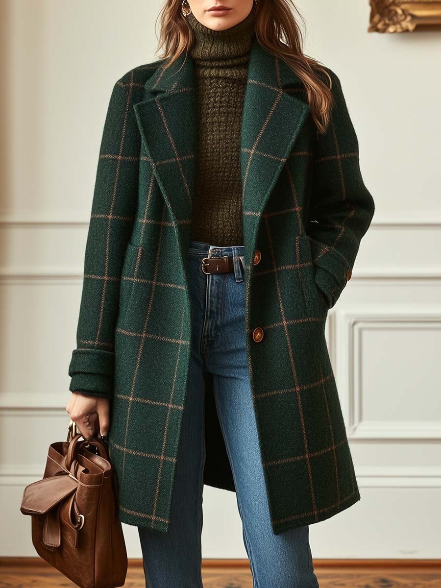 Plaid Notched Lapel Mid-Length Wool Blend Winter Coats for Women