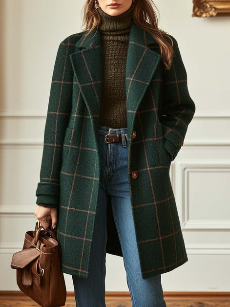 Plaid Notched Lapel Mid-Length Wool Blend Winter Coats for Women