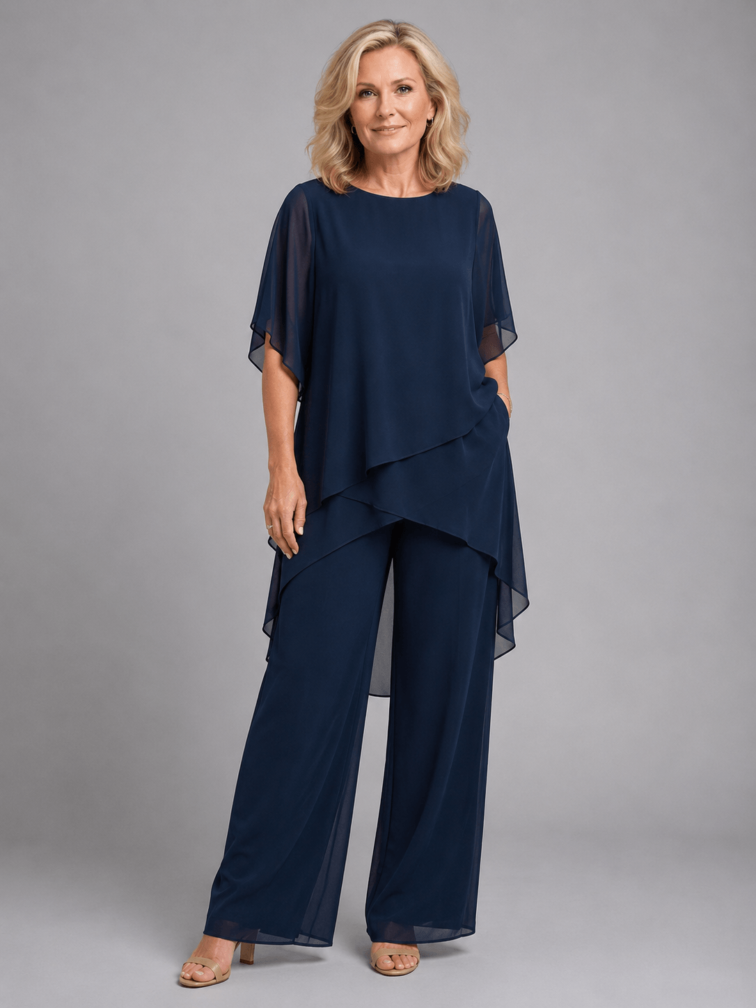 Women's Chiffon Two Piece Co-Ord Set with Wide-Leg Trousers