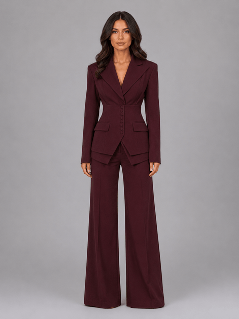 Cinched-Waist Blazer and Wide-Leg Trousers Two-Piece Co-ord Set
