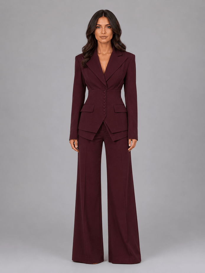 Cinched-Waist Blazer and Wide-Leg Trousers Two-Piece Co-ord Set
