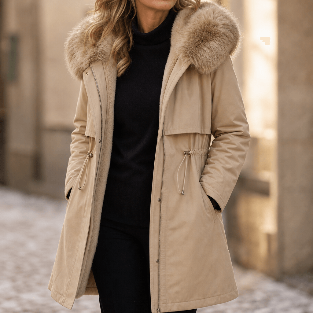 Velora Hooded Mid-Length Faux-Fur Trim Winter Coat for Women