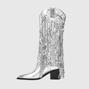 Fringe Cowboy Mid-Calf Womens Boots with Pointed Toe Block Heel