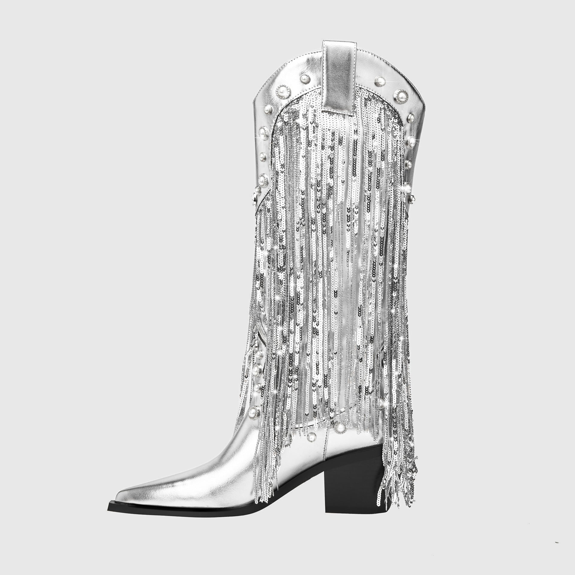 Fringe Cowboy Mid-Calf Womens Boots with Pointed Toe Block Heel