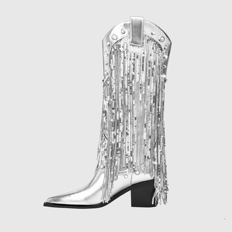 Fringe Cowboy Mid-Calf Womens Boots with Pointed Toe Block Heel