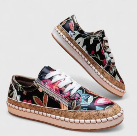 Olisette Floral Embroidered Lace-Up Platform Trainers for Women's Comfort