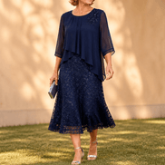 Elavine Lace Overlay Chiffon Women's Midi Dress with Sheer Sleeves