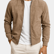 Men's Faux Suede Bomber Jacket with Ribbed Trim