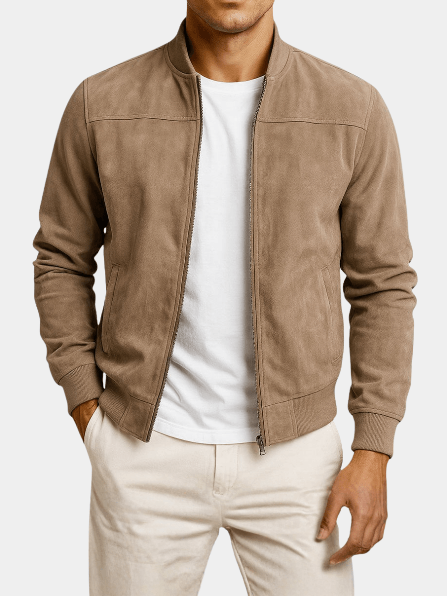 Men's Faux Suede Bomber Jacket with Ribbed Trim