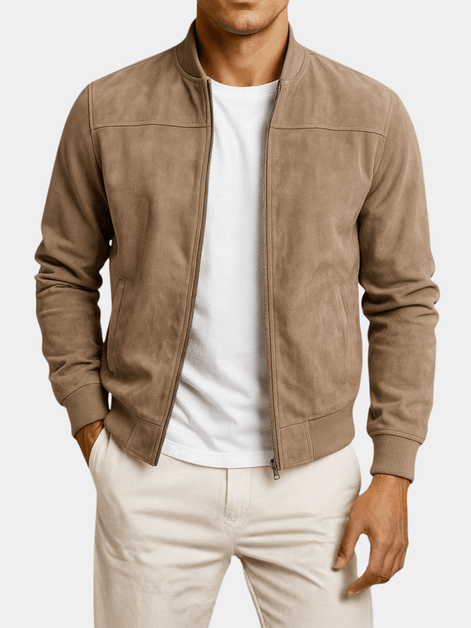Men's Faux Suede Bomber Jacket with Ribbed Trim