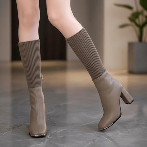 Women's Stretch Knit Block Heel Boots with Side Zip and Faux Leather Trim