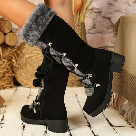 Women's Black Faux Suede Mid-Calf Boots with Faux Fur Trim and Pom-Pom Lace-Up Detail