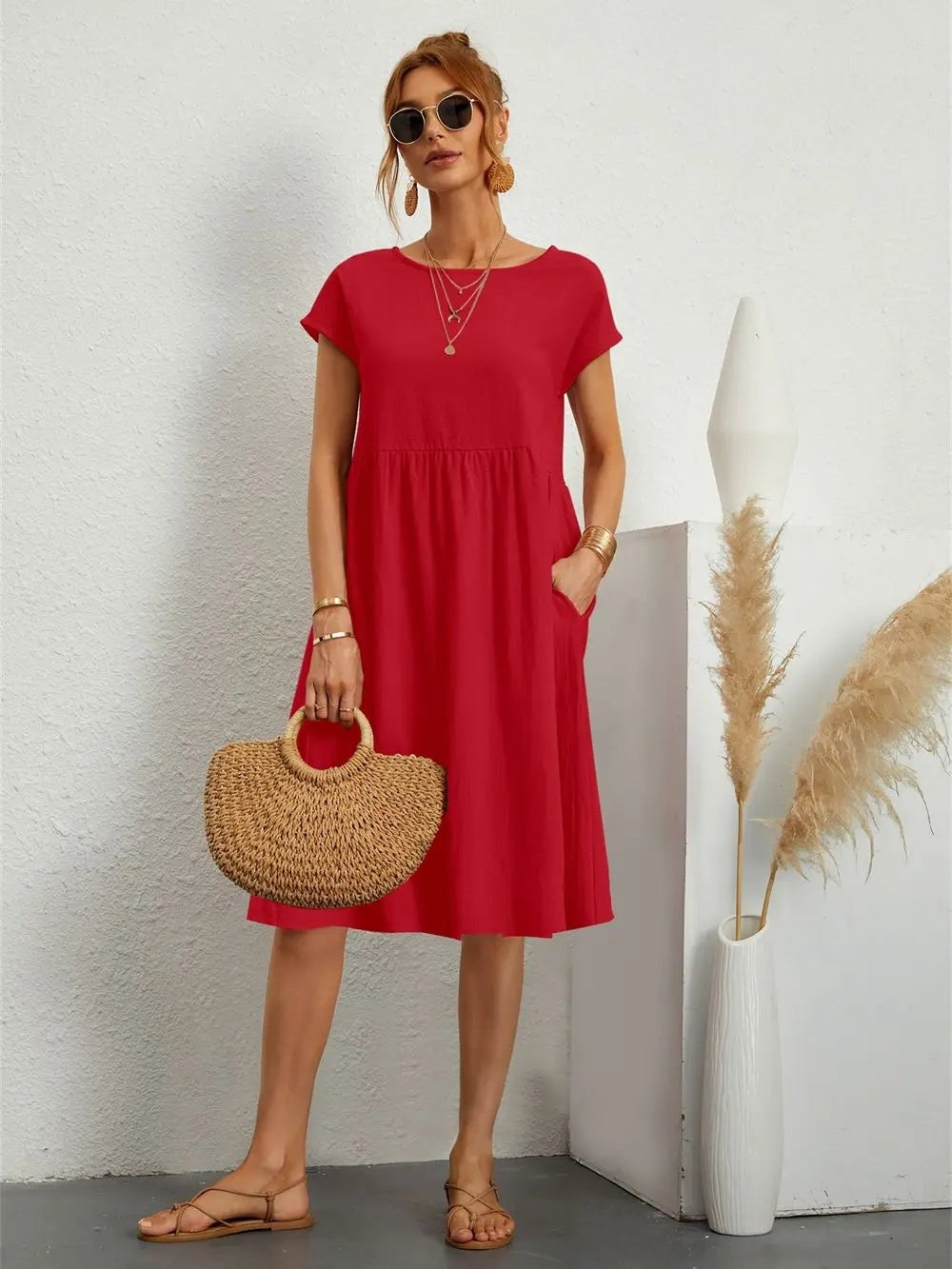 Casual Cotton Midi Shift Christmas Party Dress with Pockets for Autumn Wear