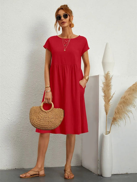 Casual Cotton Midi Shift Christmas Party Dress with Pockets for Autumn Wear