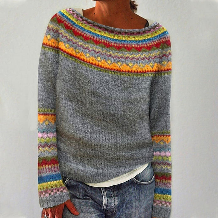 Dorothea Women's Fair Isle Crew Neck Knitted Jumper with Long Sleeves