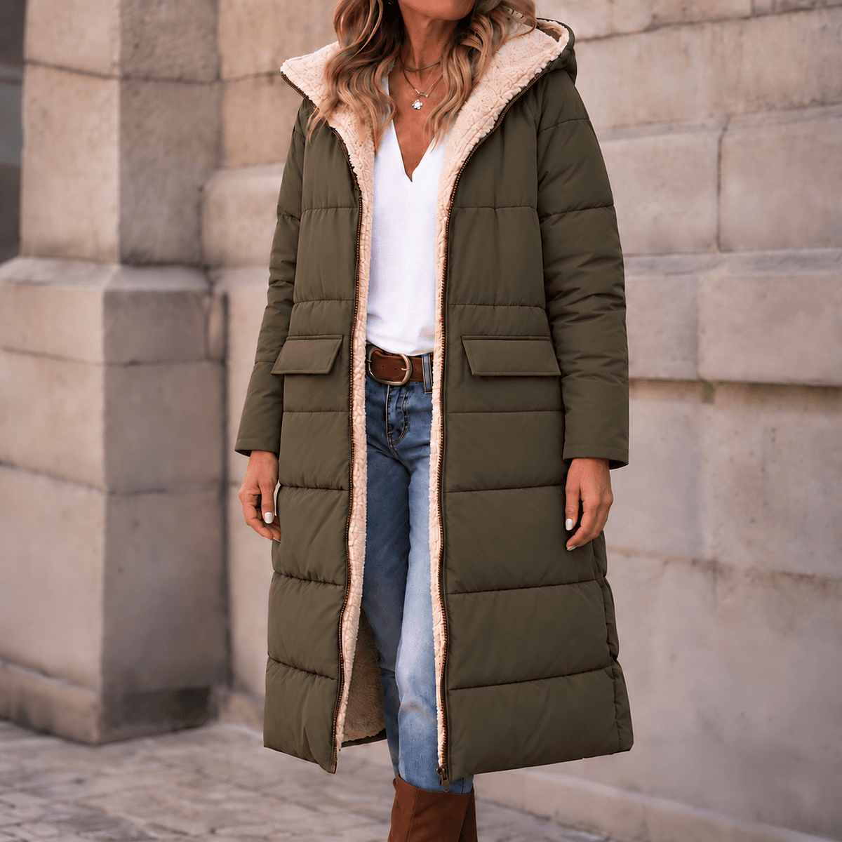 Reversa Women's Reversible Hooded Longline Winter Coat with Sherpa Lining