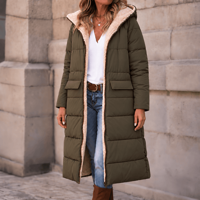 Reversa Women's Reversible Hooded Longline Winter Coat with Sherpa Lining