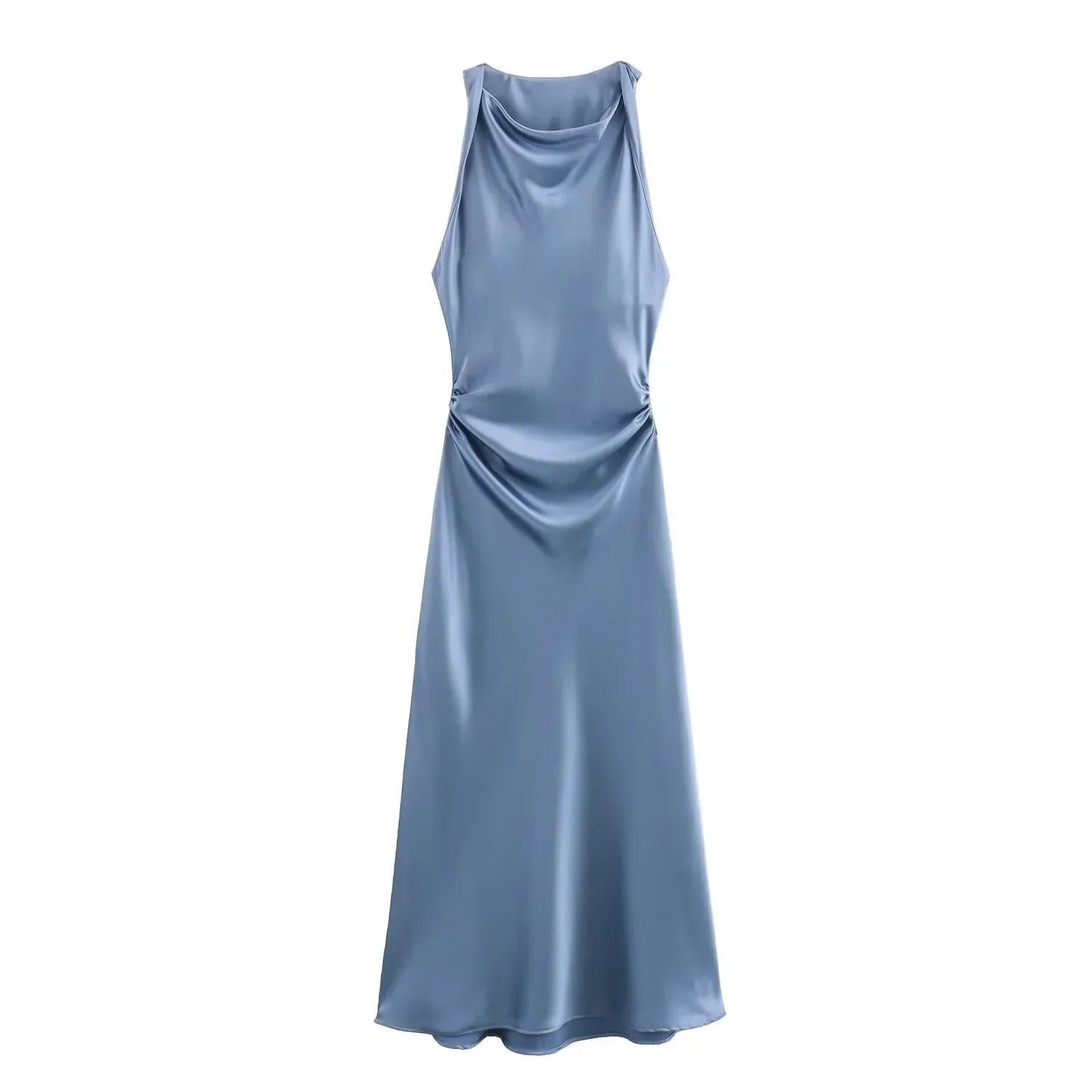 Satin Cowl Neck Midi Christmas Dress with Solid Pattern