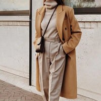 Women's Double-Breasted Long Wool-Blend Winter Coat with Lapel Collar