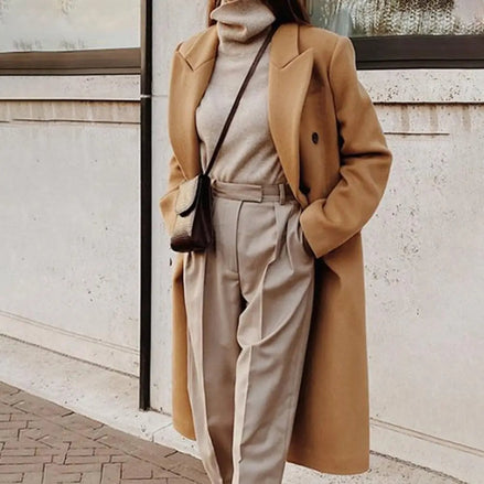 Women's Double-Breasted Long Wool-Blend Winter Coat with Lapel Collar