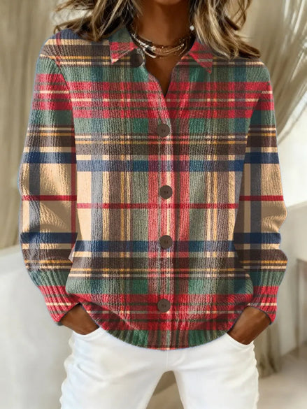 Esmeralda Plaid Cotton Blend Button-Up Blouse with Long Sleeves for Women