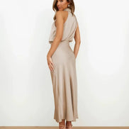 Satin Halter Neck Midi Dress for Christmas Party Occasions in Apricot