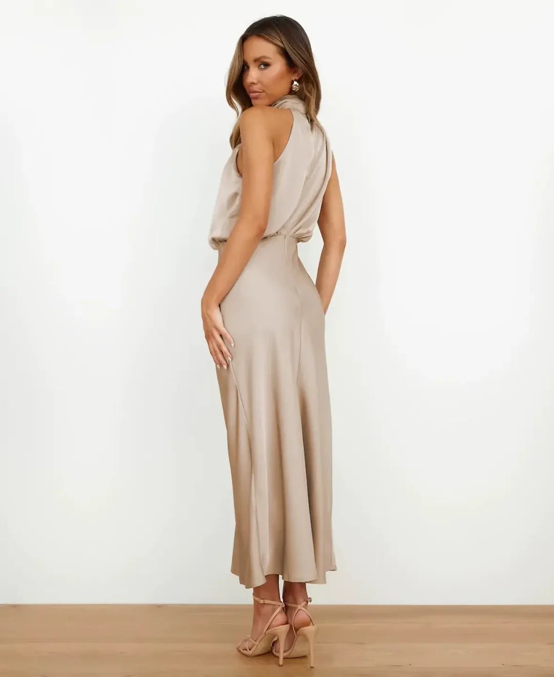 Satin Halter Neck Midi Dress for Christmas Party Occasions in Apricot