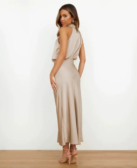 Satin Halter Neck Midi Dress for Christmas Party Occasions in Apricot