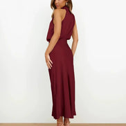 Satin Halter Neck Midi Dress for Christmas Party Occasions in Apricot