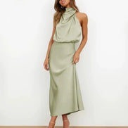 Satin Halter Neck Midi Dress for Christmas Party Occasions in Apricot
