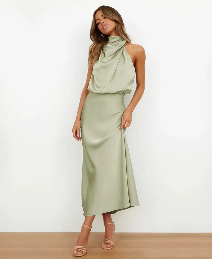Satin Halter Neck Midi Dress for Christmas Party Occasions in Apricot