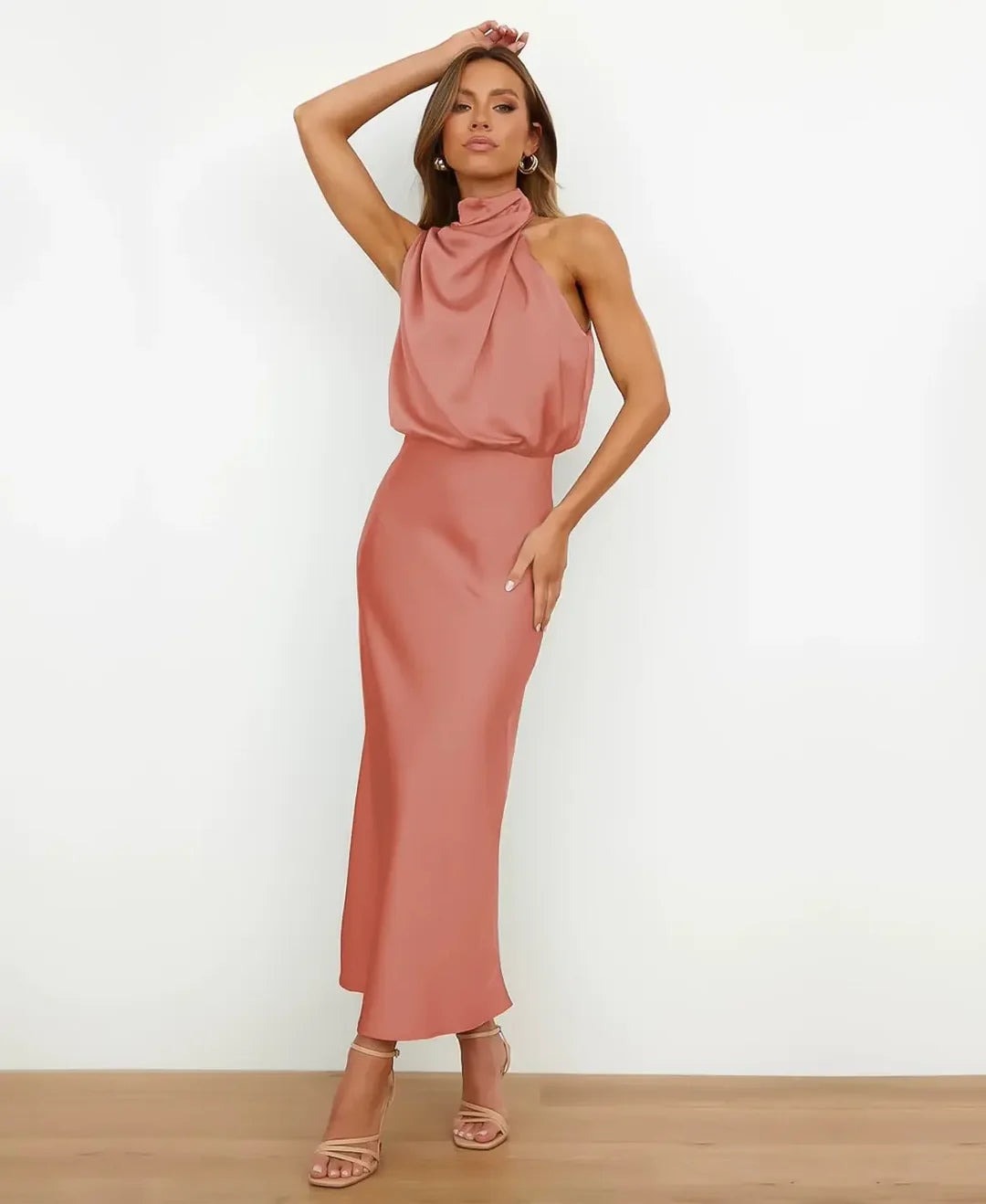 Satin Halter Neck Midi Dress for Christmas Party Occasions in Apricot