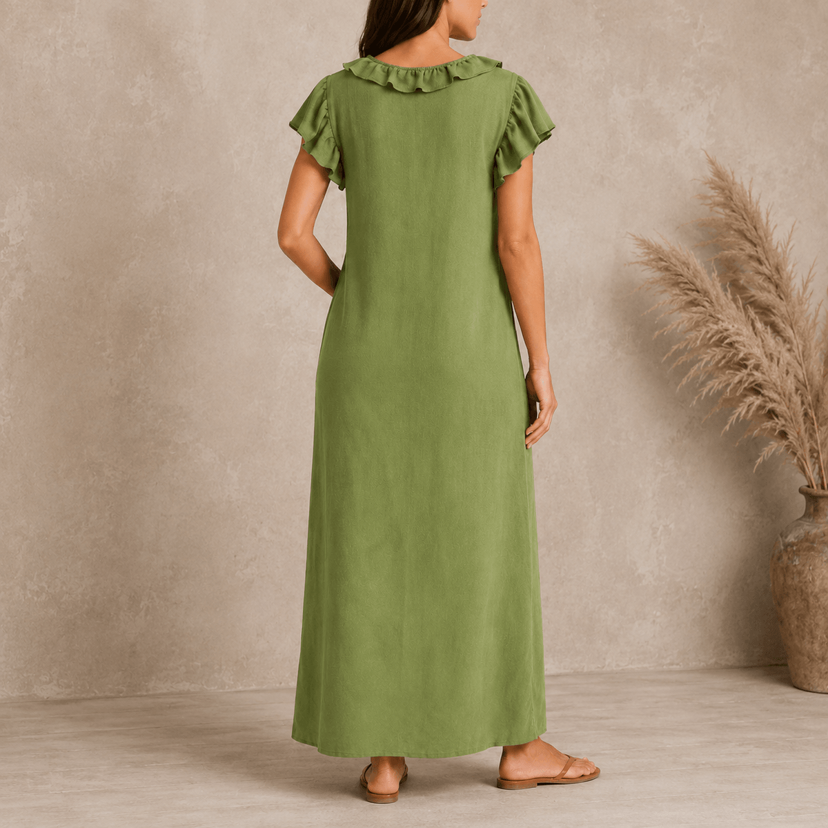 Ruffled V-Neck Linen-Cotton Women's Midi-to-Maxi Dress with Pockets