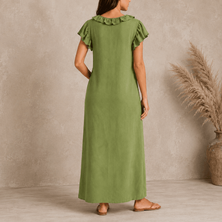 Ruffled V-Neck Linen-Cotton Women's Midi-to-Maxi Dress with Pockets