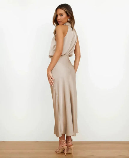 Satin Halter Neck Midi Dress for Christmas Party Occasions in Apricot