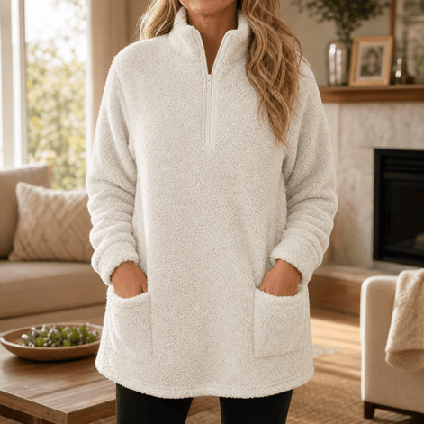 Women's Longline Half-Zip Sherpa Fleece Pullover with Pockets