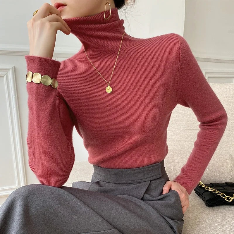 Ribbed Turtleneck Knitted Jumper for Ladies