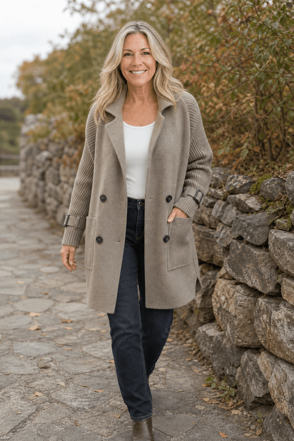 Isola Women's Cable-Knit Sleeve Double-Breasted Longline Winter Coat
