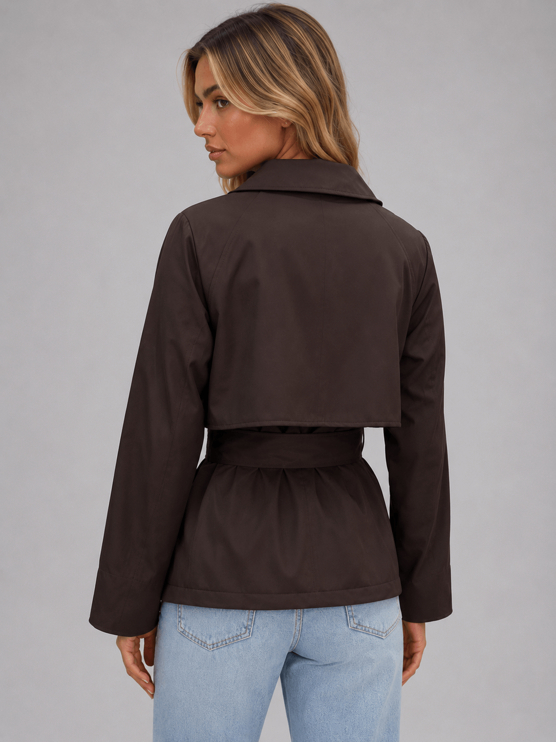Women's Cropped Double-Breasted Trench Coat with Tie Waist
