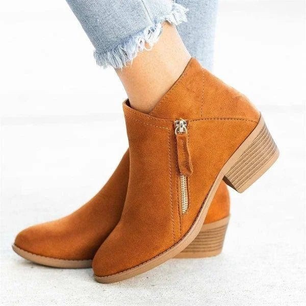 Synthetic Suede Ankle Winter Boots with Side Zip and Block Heel