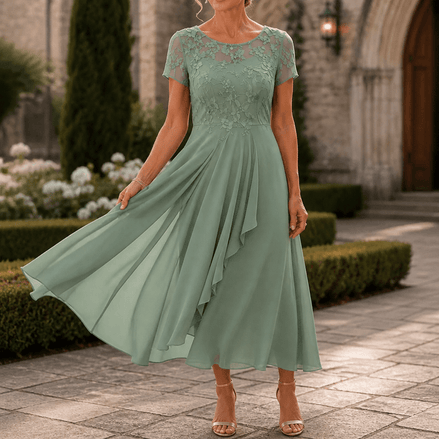 Women's Lace Bodice Chiffon Dress with Ruffled Hem